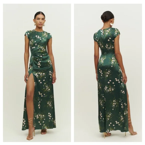 Reformation Birch Ruched Floral-Print Silk-Charmeuse Maxi Dress Green 12 Rare - Picture 2 of 9